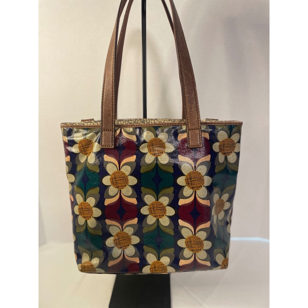 Fossil Key-Per Retro Floral Coated Canvas Tote Brown Leather Trim Multi-Color - Picture 2 of 14